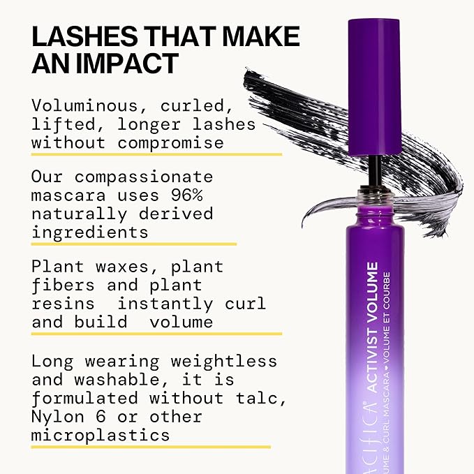Pacifica Beauty | Activist Curling Mascara | Black | Volume and Length | Vegan Brush | Glass Tube | Clean Eye Makeup | Plant-Fibers | Microplastic + Nylon 6 Free | Vegan, Talc-Free, Cruelty-Free