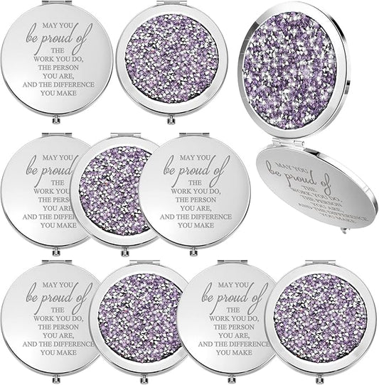 Unittype 10 Pcs Inspirational Compact Mirror for Women Thank You Gifts Bulk Travel Pocket Mirror Appreciation Gift for Women Employee Emergency Nurses Week Gifts (Light Purple)
