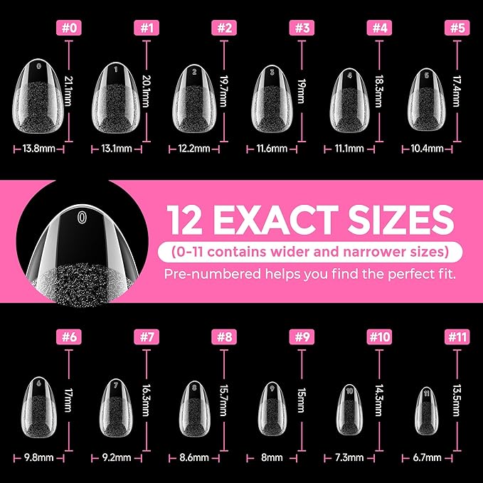UNA GELLA Short Almond Round Fake Nails 216pcs Almond Press on Nails Pre-shape Oval Gel Nail Tips for Full Cover Acrylic Short Round Nails For Nails tips Extension 12 Sizes