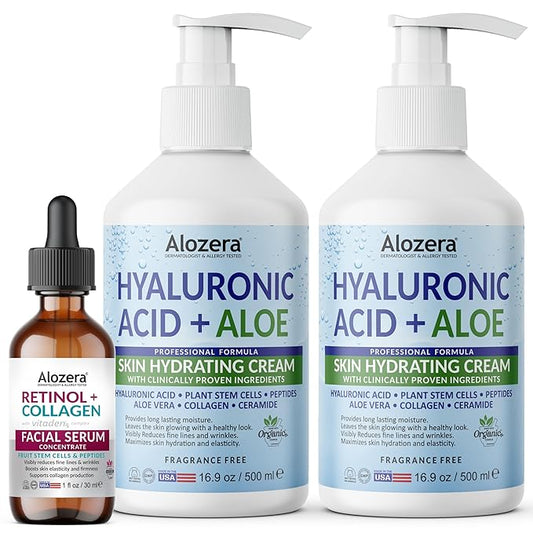 Alozera Hyaluronic Acid Body Lotion (2-Pack) and Retinol Collagen Serum with Aloe, Ceramides and Stem Cells – Hydrating and Firming Skincare Duo for Face, Neck and Body, Lightweight, Fragrance-Free, M