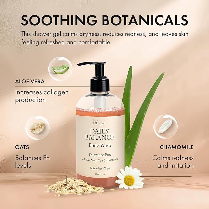 Daily Balance Body Wash – Natural Fragrance Free Cleanser – Plant-Based Hydrating Shower Gel with Oatmeal, Aloe & Chamomile – Vegan, pH Balanced, Sulfate-Free Clean Beauty Care. 12 Fl Oz (355 ML)