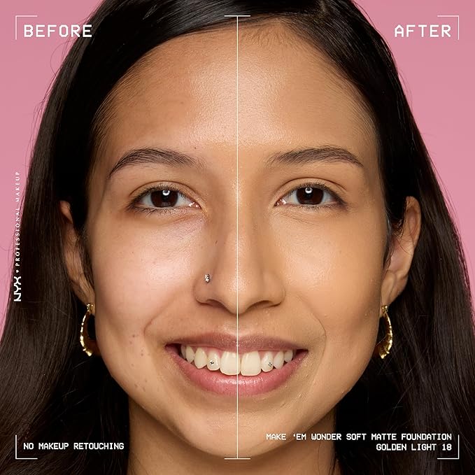 NYX PROFESSIONAL MAKEUP Make 'Em Wonder Liquid Foundation, 24HR Foundation Makeup With A Soft Matte Finish, Buildable Full Coverage - 18 Golden Light