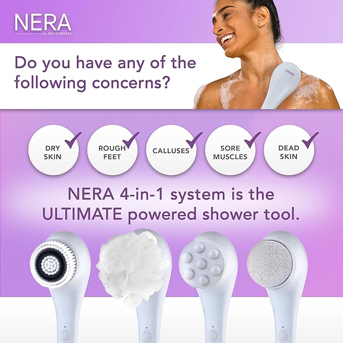 Spa Sciences - NERA - 4-in-1 Shower/Bath Body Brush for Exfoliation, Deep Cleansing, Foot Care, Lotion Infuser, and Massage