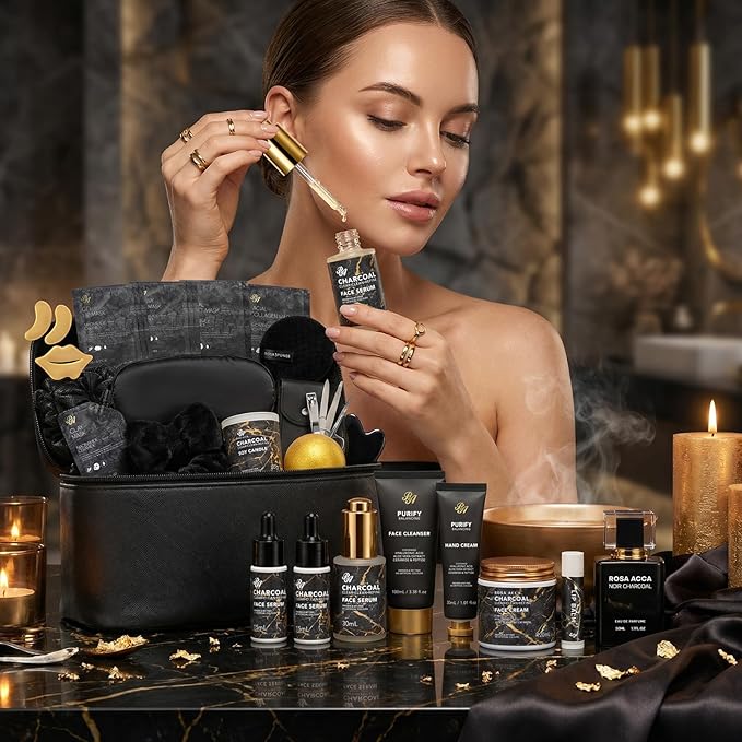 33 Pcs Valentines Day Gifts for Women & Men, Charcoal Hydrating Skin Care Kit, Bath & Body Gift Set, Spa Kit, Leather Bag, Anniversary, Birthday, Christmas, Mothers Day, Father's Day