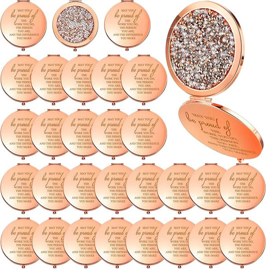 Unittype 30 Pcs Inspirational Compact Mirror for Women Thank You Gifts Bulk Travel Pocket Mirror Appreciation Gift for Women Employee Emergency Nurses Week Gifts (Rose Gold)