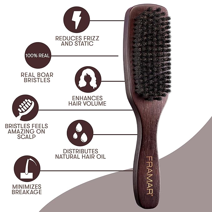 FRAMAR Slick Back Hair Brush Boar Bristles – Slick Back Brush, Smoothing Hair Brush For Women, Boar Bristle Hair Brush For Fine Hair, Slickback Brush For Volume and Shine - Brown Velvet