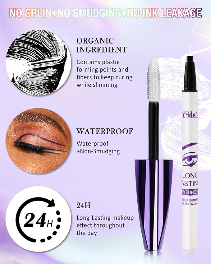 Purple Mascara Liquid Eyeliner Set, Update Longlasting Waterproof Color Eye Liner Pen, 5D Silk Fiber Colored Mascara Volume and Length, Christmas Party Stage Use Eye Makeup Gift Kit for Women Girl-05