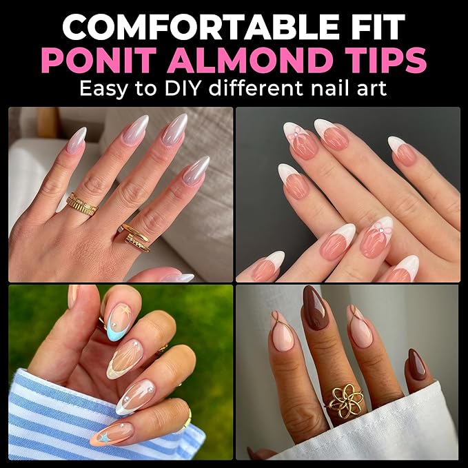 UNA GELLA Almond Nail Tips, 216pcs Pointed Almond Gel Nail Tips Pre-shape Half Matte Full Cover Clear Acrylic Soft Gel Fake Nails for Nail Extension Nail Art 12 Sizes