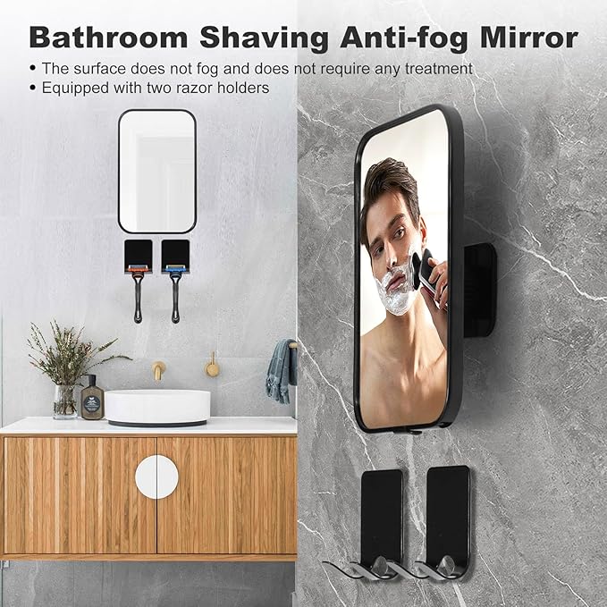 Shower Mirror Anti-Fog Shaving Mirror 4.1 * 6.5 Inch Anti-Fog Shower Mirror Swivel Bathroom Mirror Shower Accessories Bathroom Accessories with 2 Razor Holders (Black)