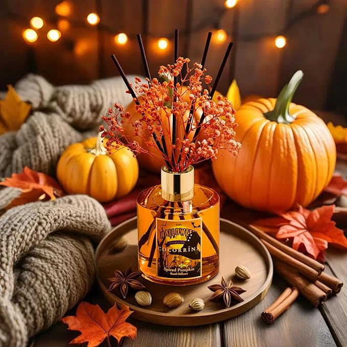 COCORRÍNA Reed Diffuser - Spiced Pumpkin 6.7 fl oz Scented Diffuser with 8 Sticks Home Fragrance Bathroom Shelf Decor (Halloween Collection)