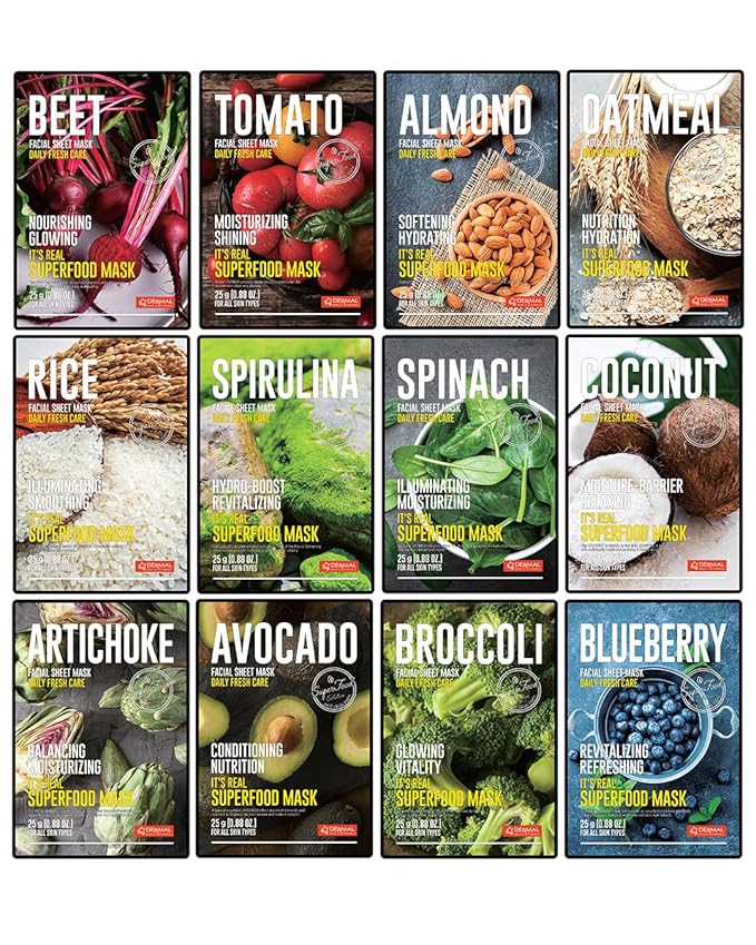 DERMAL Super Food Face Masks Skincare- 12 Pack Facial Sheet Mask for a Glowing Refreshing Skin- Moisturizing Sheet Masks for Face Enriched with Natural Ingredients for All Skin Types