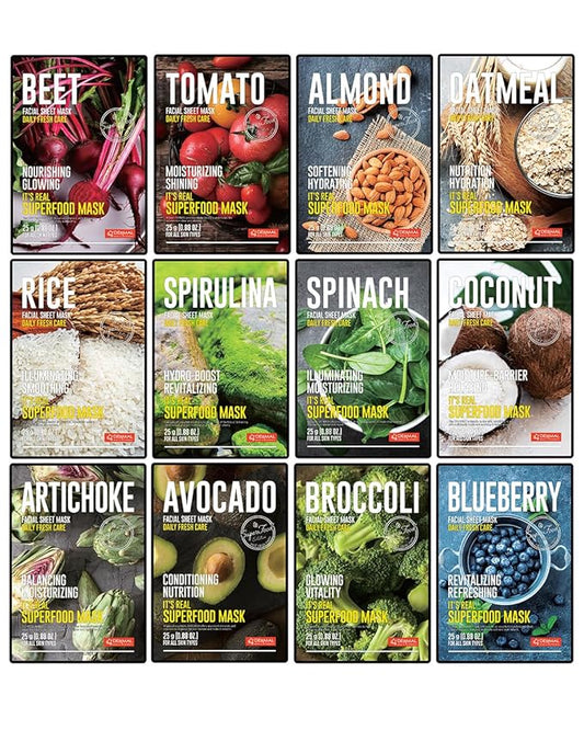DERMAL Super Food Face Masks Skincare- 12 Pack Facial Sheet Mask for a Glowing Refreshing Skin- Moisturizing Sheet Masks for Face Enriched with Natural Ingredients for All Skin Types