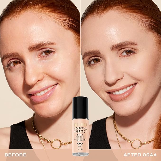 Milani Conceal + Perfect 2-in-1 Foundation + Concealer for a Flawless Complexion, Under Eye Corrector, Cover Redness and Imperfections, Waterproof and Sweatproof - Ivory