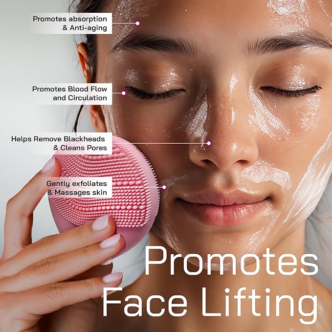 Bella Ciao Travel Silicone Facial Cleansing Brush, Face Exfoliator and Massager, Cordless Pore Scrubber with Soft Bristles, Double-Sided Design, IPX5 Water Resistance, Battery Not Included, Pink