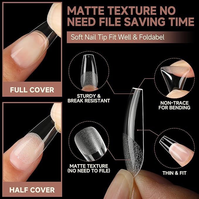 UNA GELLA Coffin Nails Tips, 216 PCS Soft Gel Nail Tips Coffin Half Matte Full Cover False Nails Pre-shaped Clear Acrylic Press on Nails Medium for Nail Extensions Home DIY Salon, 12 Sizes