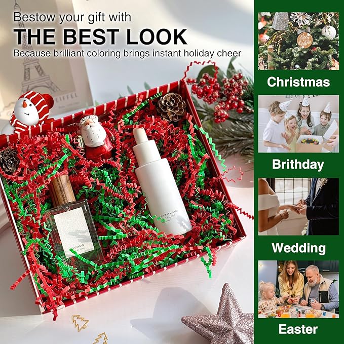 Corlcol 200g(7oz) Crinkle Paper Filler for Gift Baskets Box Confetti Paper Shreds Decoration Stuffing on Christmas (Red&Green)