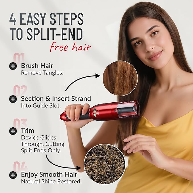 Split-Ender Pro 2 - Original Professional Beauty Tool - Cordless Split End Hair Trimmer for Damaged, Dry, Brittle, Frizzy, Curly or Straight Hair (Red)