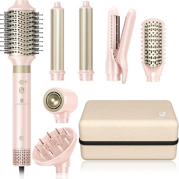 Hair Dryer Brush 8-in-1 Dual Voltage Hot Air Styler – Fast-Drying 110,000 RPM Ionic Blow Dryer with Straightener & Curler Attachments, Frizz-Free Volumizing Styler with Protective Hard Case-Pink