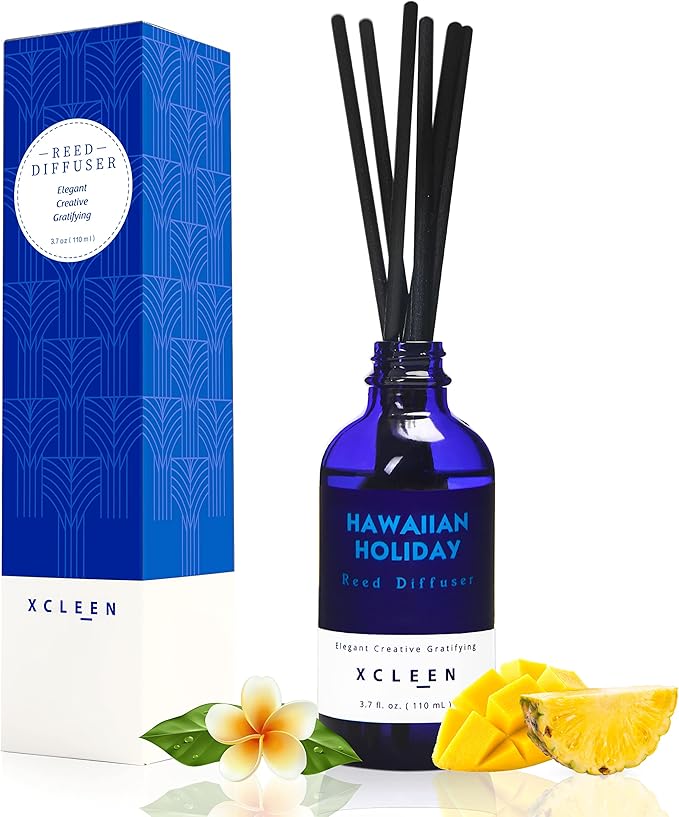 Reed Diffuser Set for Home| 3.7 Oz(110ml) Hawaiian Holiday Fragrance Diffuser | with Mangoes, Pineapples, Peaches & Melons Scented Oil Sticks Diffuser, Air Fresheners for Home, Bathroom