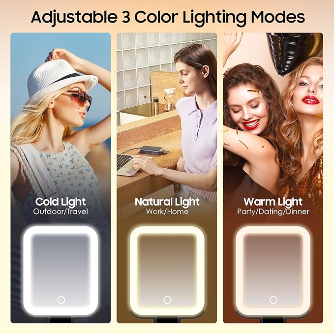 B Beauty Planet Small Travel Makeup Mirror with Lights(10" L x 5" W), Double-Sided 1X/30X Magnifying Mirror, 3 Color Lighting & Brightness Adjustable, Portable &Foldable Mirrors with Light (Black)