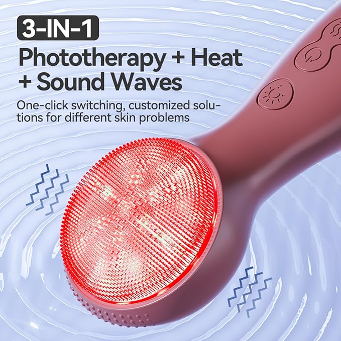 Facial Cleansing Brush Electric, Silicone Heated Face Scrubber with 7 LED Lights, Rechargeable Vibration Exfoliating Cleanser for Deep Cleaning & Gentle Massage, Skin Care Tool, Ideal Gift (Brown)