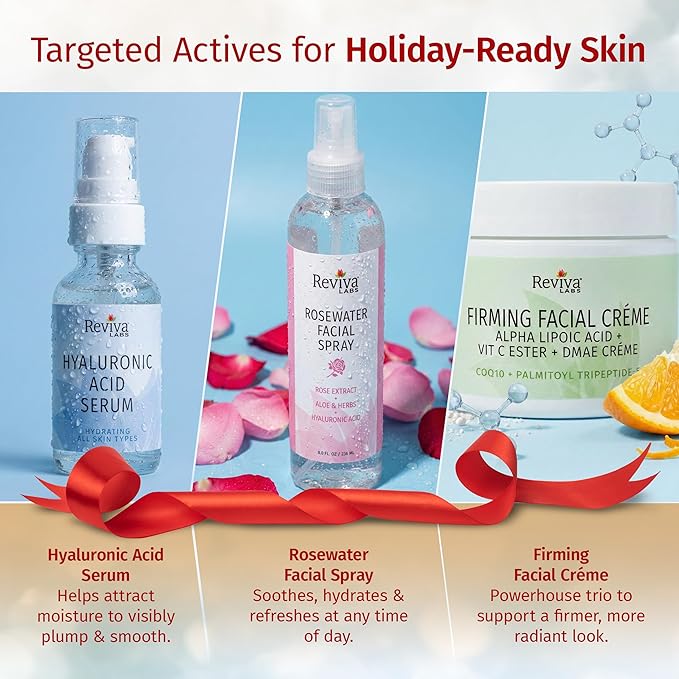 Reviva Labs Holiday Glow Skincare Gift Set – 3-Pc Face Care Kit with Hyaluronic Acid Serum, DMAE Lift & Firm Cream, and Rosewater Face Mist – Hydrating, Moisturizing & Firming Skincare Set for Women