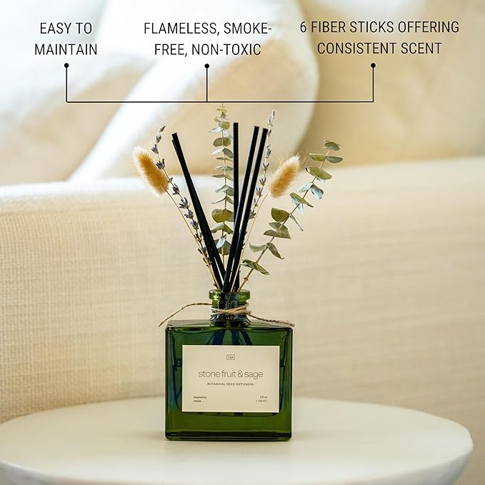 Craft & Kin Christmas Reed Diffuser with Dried Flowers | 5 oz Stone Fruit & Sage Scented Holiday Reed Diffusers for Home, Bathroom | Scent Sticks | Elegant Fragrance Home Decor for Men & Women