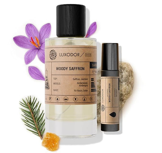Woody Saffron Perfume for Men & Women, Inspired by MFK Bacarat Rouge 540, 2-Piece Combo of 100 ml Fragrance Spray Bottle and 10 ml Alcohol-Free Roll-On Perfume Oil, Vegan, Paraben-Free, Unisex