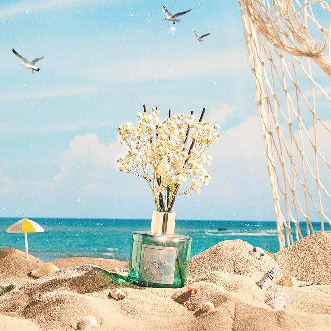 COCORRÍNA Reed Diffuser - Hawaii Melody 6.7 Fl.oz Reed Diffuser Set with 8 Sticks & Preserved Baby's Breath, Reed Diffuser for Home Bathroom Shelf Decor