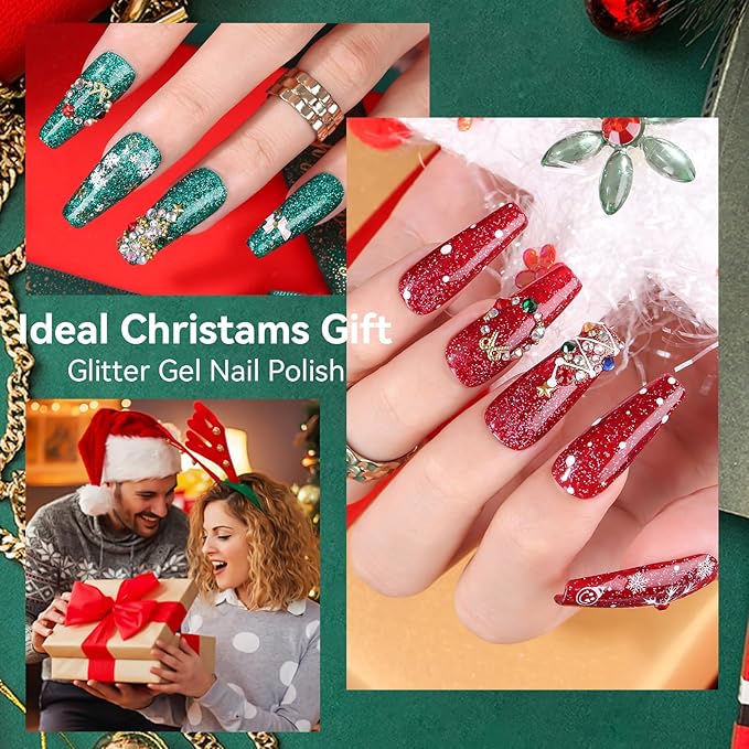 Makartt Christmas Glitter Gel Nail Polish Set - 2 Pcs 15ml Shimmer Gel, UV Soak Off for Nail Art Design, DIY Home Salon Winter Manicure Gift, Tinsel Green & Glistening Cheer