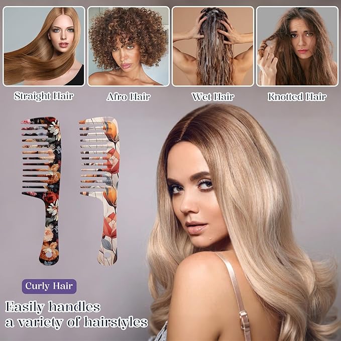 2PCS Wide Tooth Comb,Effortless Tangle Removal for Long Hair Styling Comb for Curly,Wet,Cute Aesthetic Design for Women Men and Girls(Black-Flowers-08)