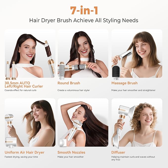7 in ONE Hair Dryer Brush, Powerful Blow Dryer Brush with Air Curler for Hair, Brush Blow Dryer with Diffuser, Ionic Hot Air Brush Fast Dry, Volumize, Curls, Straight, Hair Styling Tools 100-120V