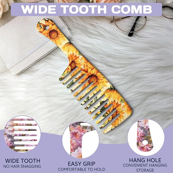 2PCS Wide Tooth Comb,Effortless Tangle Removal for Long Hair Styling Comb for Curly,Wet,Cute Aesthetic Design for Women Men and Girls(Yellow-Flower-10)