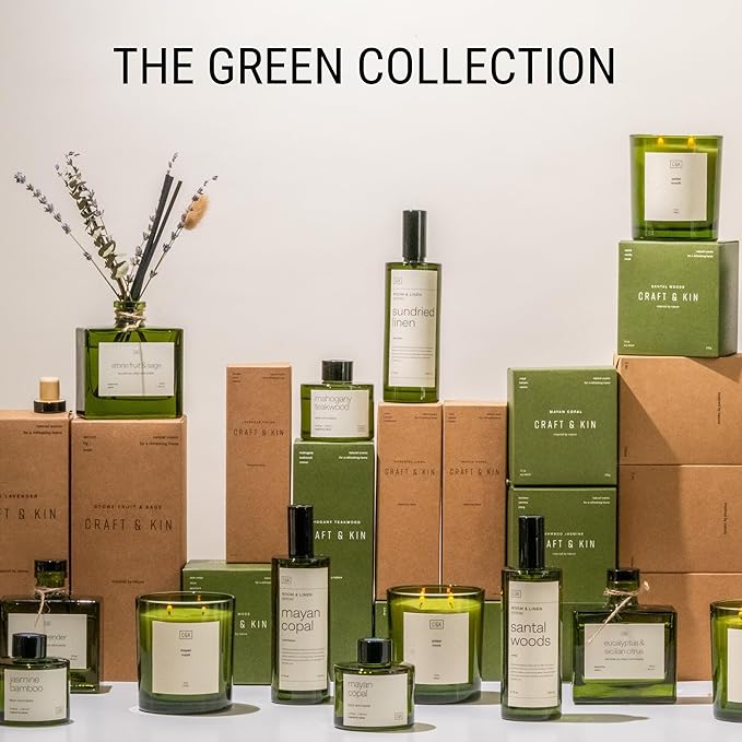 Craft & Kin Amber Moss Christmas Reed Diffuser | All Natural Essential Oil & Rattan Scent Sticks | Holiday Reed Diffusers for Home, Bathroom | Long Lasting Home Fragrance in Green Glass, 3.4oz