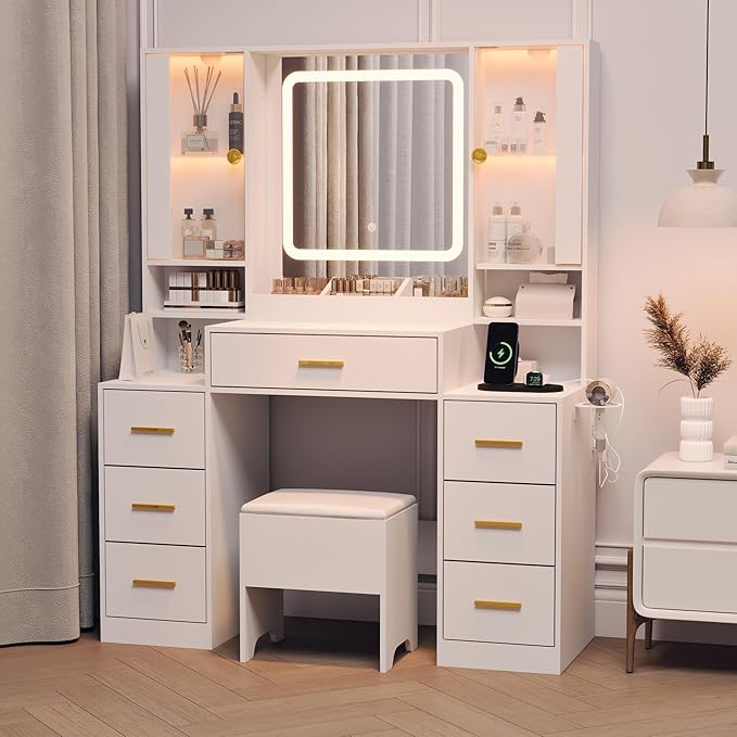 Makeup Vanity with LED Light Strip Mirror and Chair, 7 Drawers & 2 RGB Cabinets White Vanity Makeup Desk with Power Strip, Adjustable LED Lighting, and Cushioned Stool for Women, Girls, Teens