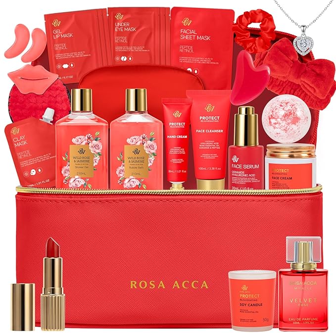 25 Pcs Valentines Day Gifts for Women, Red Rose Bath & Body Gift Set, Hydrating Skin Care Set, Luxury Self Care Gifts, Cosmetic Bag, Face Serum, Necklace, Christmas, Birthday, Mothers Day