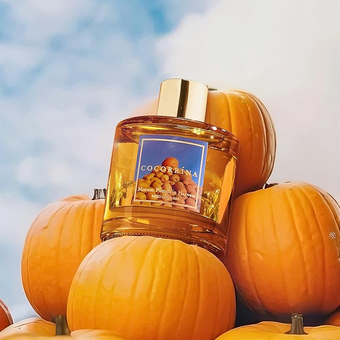 COCORRÍNA Reed Diffuser - Morton Pumpkin Harvest Reed Diffuser Set with 8 Sticks & Preserved Baby's Breath, Reed Diffuser for Home Bathroom Shelf Decor
