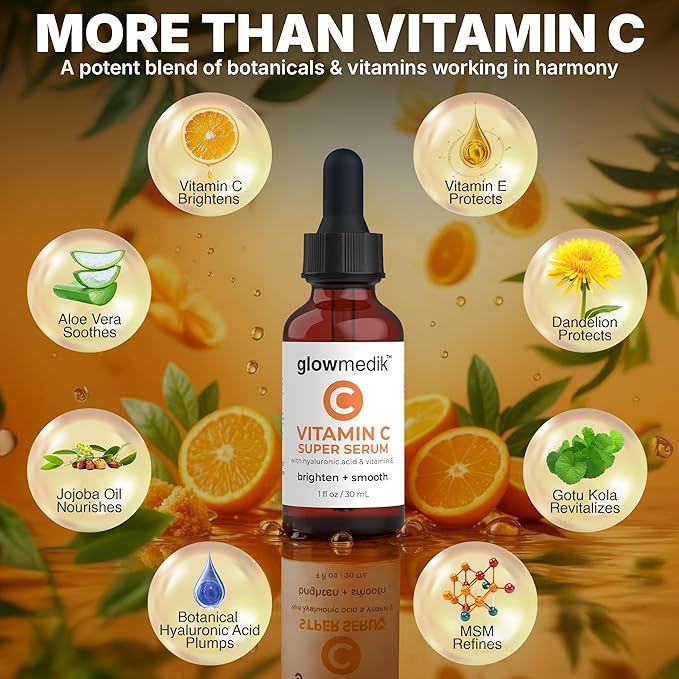 GlowMedik Vitamin C Serum for Face – Brightens Dark Spots + Evens Skin Tone with Hyaluronic Acid, Vitamin E & MSM, Hydrates & Firms for a Youthful-Looking, Age-Defying Glow, 30ml 1.01 fl oz