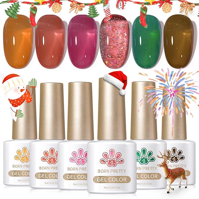 Born Pretty Jelly Gel Nail Polish Christmas Fall Winter Crystal Transparent Sheer Clear Gel Polish Red Coral Burnt Orange Green Grey Amber Brown 6 Colors Manicure Kit