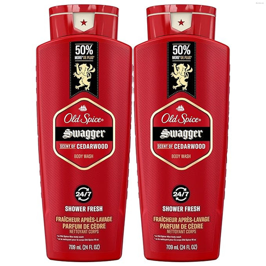 Old Spice Refreshing Body Wash for Men, 3X Defense, 24/7 Shower Fresh with Long Lasting Scent, Red Collection, Swagger with Cedarwood Scent, 24 oz (Pack of 2)