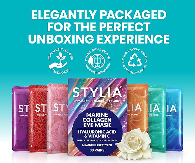 Stylia Collagen & Vitamin C Under Eye Patches for Puffy Eyes & Dark Circles - Depuffing, Hydrating & Firming Under Eye Mask with Hyaluronic Acid - Stocking Stuffers for Teen Girls, Vegan (6 Pairs)