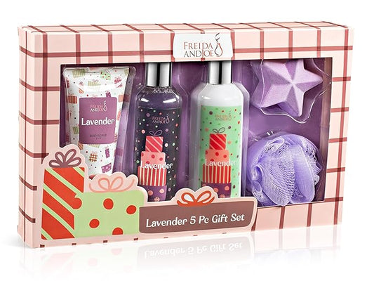Freida & Joe Fragrance Bath & Body Collection Gift Box, Includes Shower Gel, Body Lotion, Body Scrub, Bath Bomb & Sponge (Lavender 2.0)