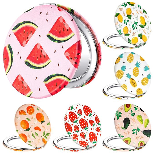 Vicenpal Compact Mirrors Small Pocket Fruit Design Mini Magnifying Portable Makeup Compact Pu Leather Double Sided Pocket Mirror for Women Girls Mother Kids Gift(Round Style)