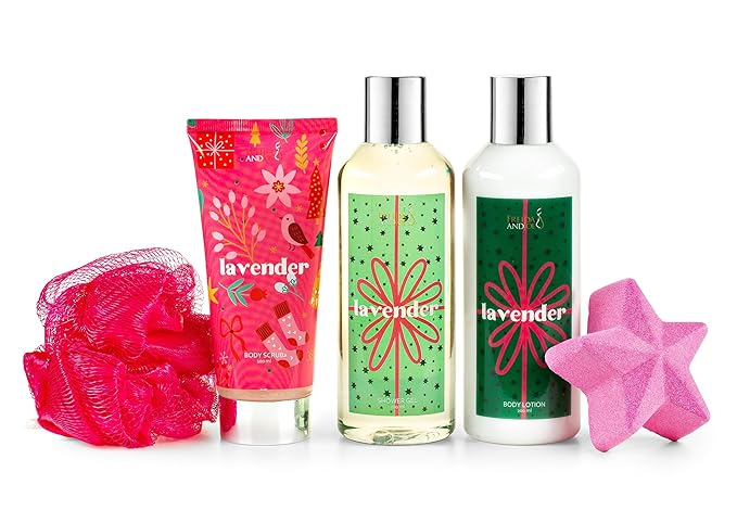 Freida & Joe Fragrance Bath & Body Collection Gift Box, Includes Shower Gel, Body Lotion, Body Scrub, Bath Bomb & Sponge (Lavender - Pink)