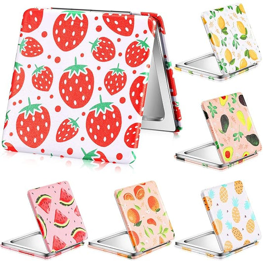 Vicenpal Compact Mirrors Small Pocket Fruit Design Mini Magnifying Portable Makeup Compact Pu Leather Double Sided Pocket Mirror for Women Girls Mother Kids Gift(Fruit Style)