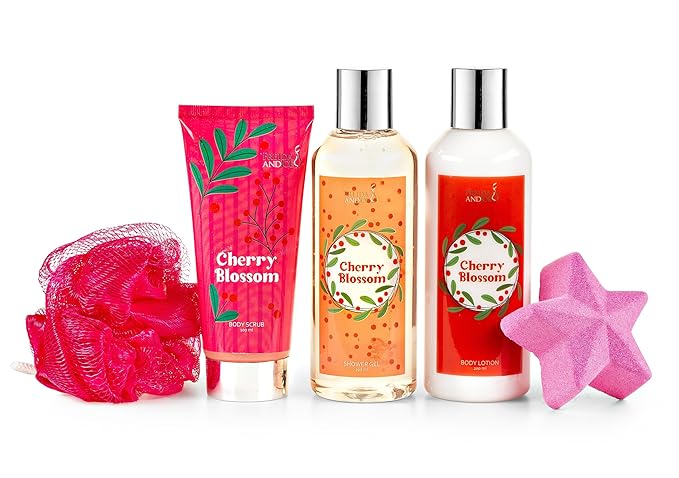 Freida & Joe Cherry Blossom Bath & Body Gift Set – 5-Piece Spa Collection for Women | Shower Gel, Body Lotion, Body Scrub, Bath Bomb | Relaxing Self-Care Kit, Birthday & Holiday Gift Box