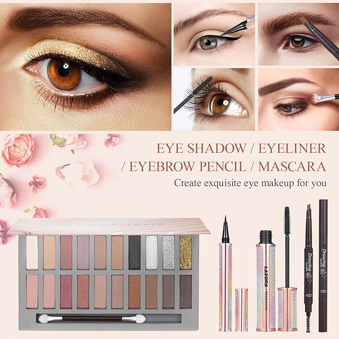 Makeup Kit Full Multi-Purpose Beauty Set Festive Gift Box - Highly Pigmented Palette Combination Lips Facial Brows Eye Brush for Essential Starter - Full Makeup Kit for Women