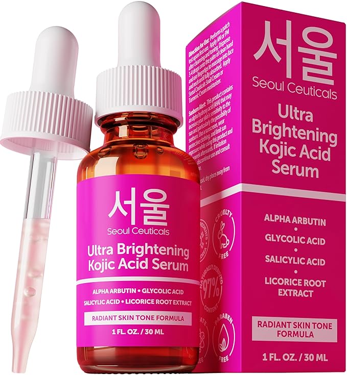 SeoulCeuticals Korean Skin Care Kojic Acid Serum Alpha Arbutin – Dark Spot Remover Corrector Glycolic Acid + Salicylic Acid K Beauty 1oz
