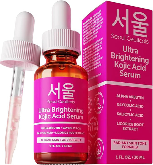 SeoulCeuticals Korean Skin Care Kojic Acid Serum Alpha Arbutin – Dark Spot Remover Corrector Glycolic Acid + Salicylic Acid K Beauty 1oz