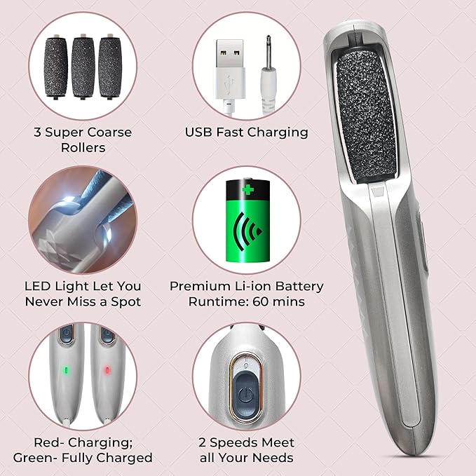 Powerful Electric Foot Callus Remover for Men - Rechargeable Pedicure Foot Grinder Files Away Dead, Hard Skin and Calluses on Heels for Smooth Soft Feet (Silver Grey)